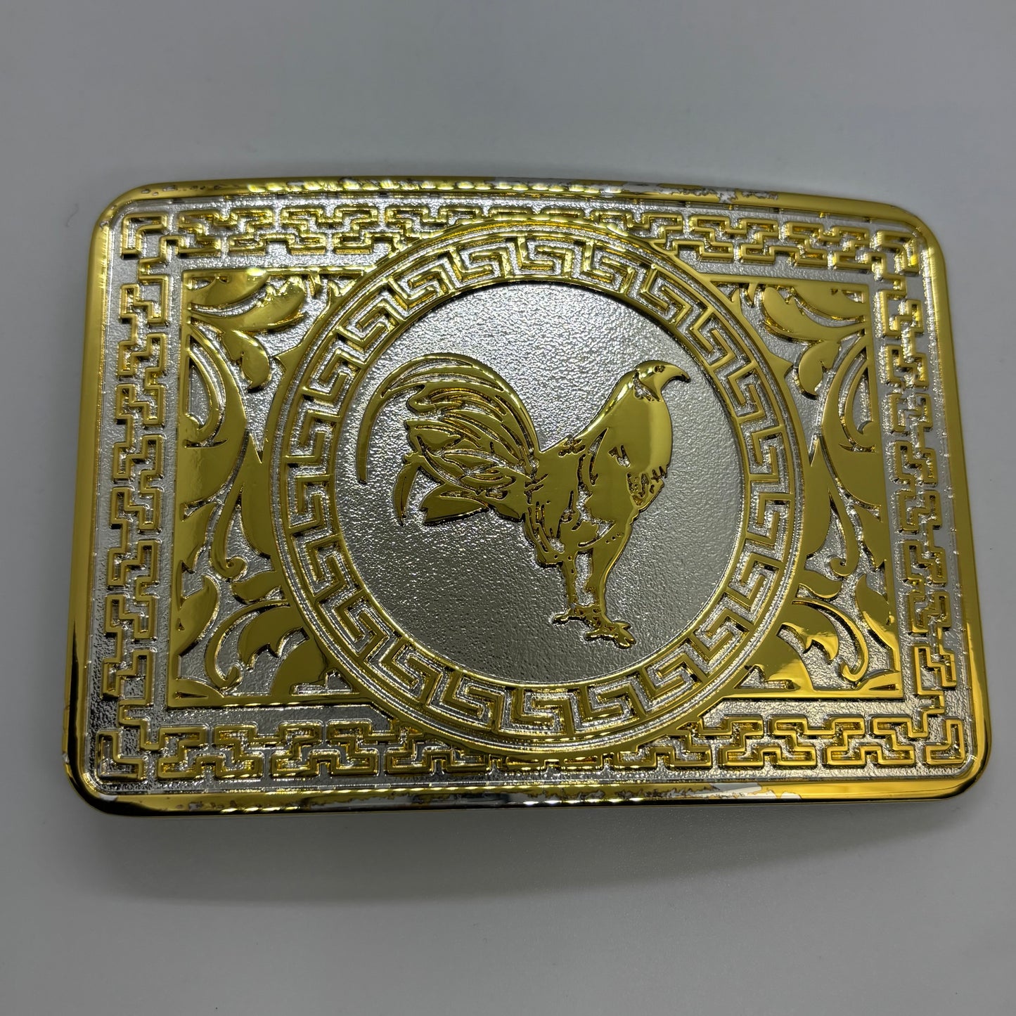 ROOSTER BELT BUCKLE GOLD WHITE WESTERN METAL BUCKLE FASHION ART 4.5" X 3.5"  #EH13237