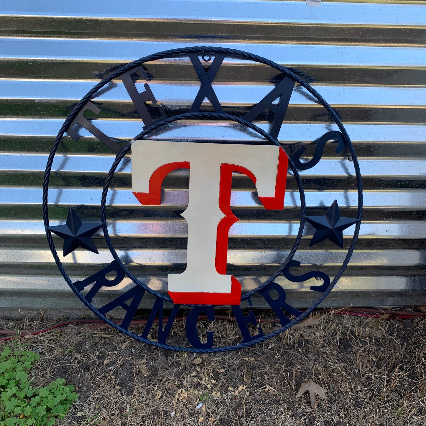 12", 18", 24", 32" TEXAS RANGERS BARN CUSTOM METAL VINTAGE CRAFT SIGN TEAM  WHITE & RED & NAVY BLUE RING & STAR HANDMADE