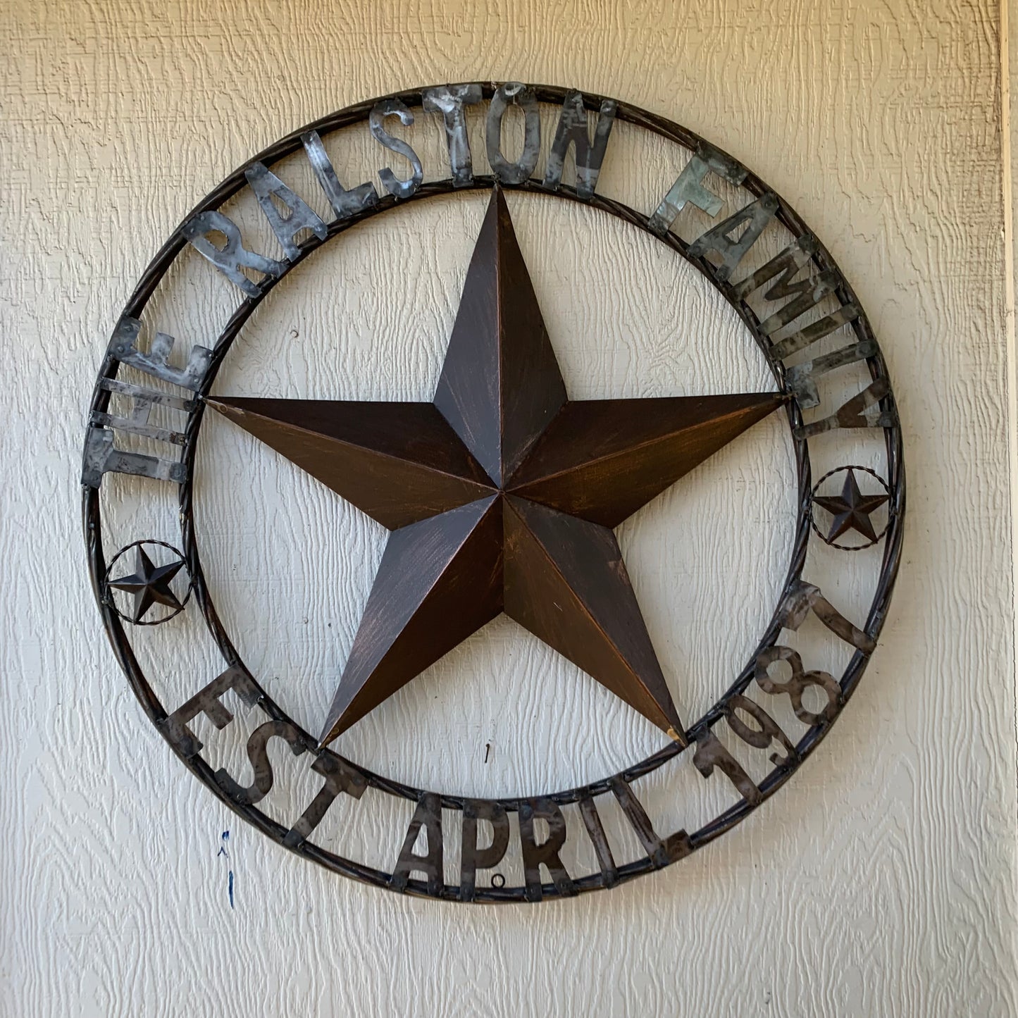 BREEN FAMILY STYLE CUSTOM NAME STAR BARN METAL STAR 3d TWISTED ROPE RING WESTERN HOME DECOR RUSTIC BROWN HANDMADE 24",32",36",50"