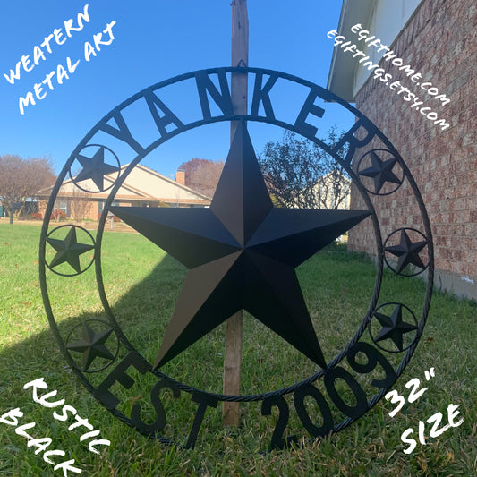 YANKER STYLE CUSTOM NAME STAR BARN METAL STAR 3d TWISTED ROPE RING WESTERN HOME DECOR RUSTIC BLACK HANDMADE 24",32",36",50"