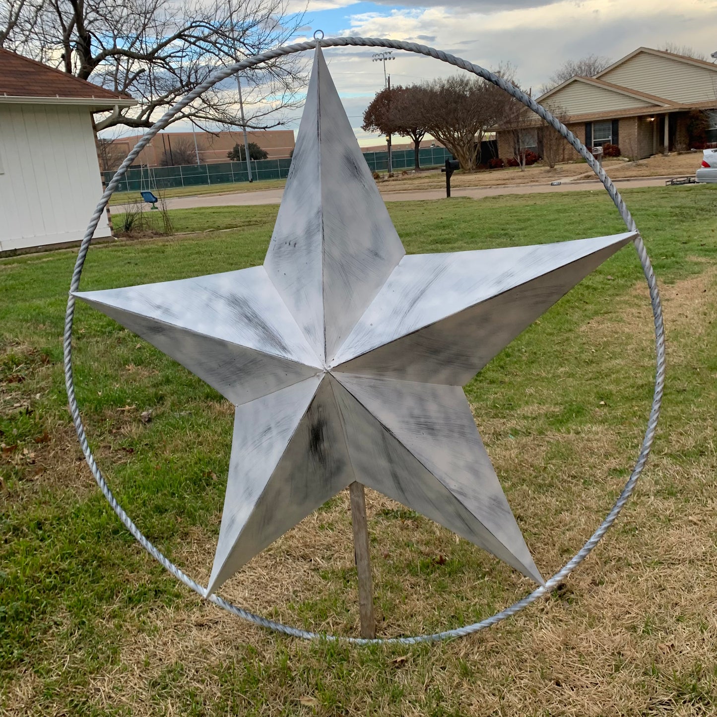 5 FOOT WHITE DISTRESSED STAR TWO TONE TEXTURE BARN STAR METAL LONESTAR TWISTED ROPE RING WESTERN HOME DECOR HANDMADE NEW