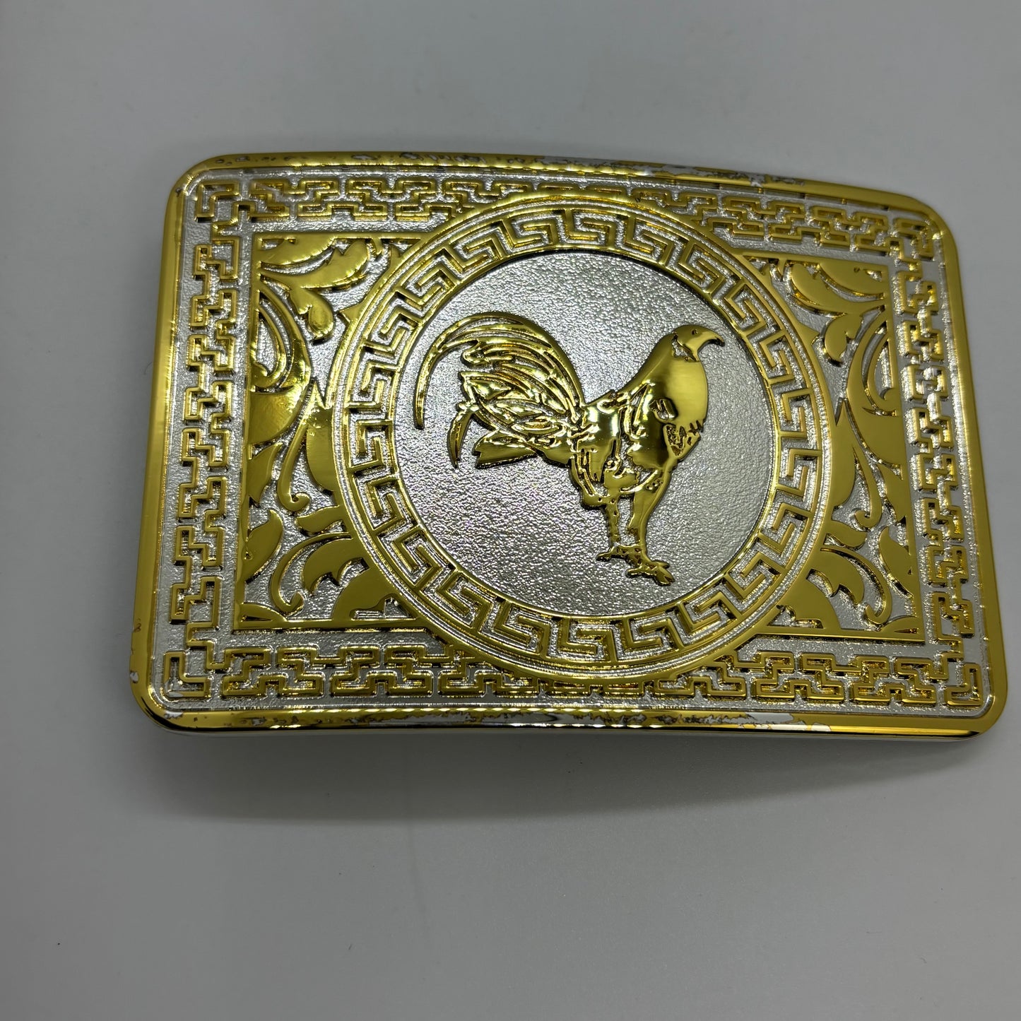 ROOSTER BELT BUCKLE GOLD WHITE WESTERN METAL BUCKLE FASHION ART 4.5" X 3.5"  #EH13237