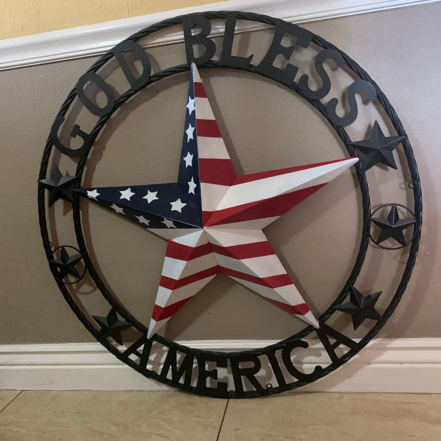 GOD BLESS AMERICA USA FLAG 3d STAR METAL BARN STAR BLACK TWISTED ROPE RING WALL ART WESTERN HOME DECOR RED WHITE & BLUE HANDMADE NEW #EH10490