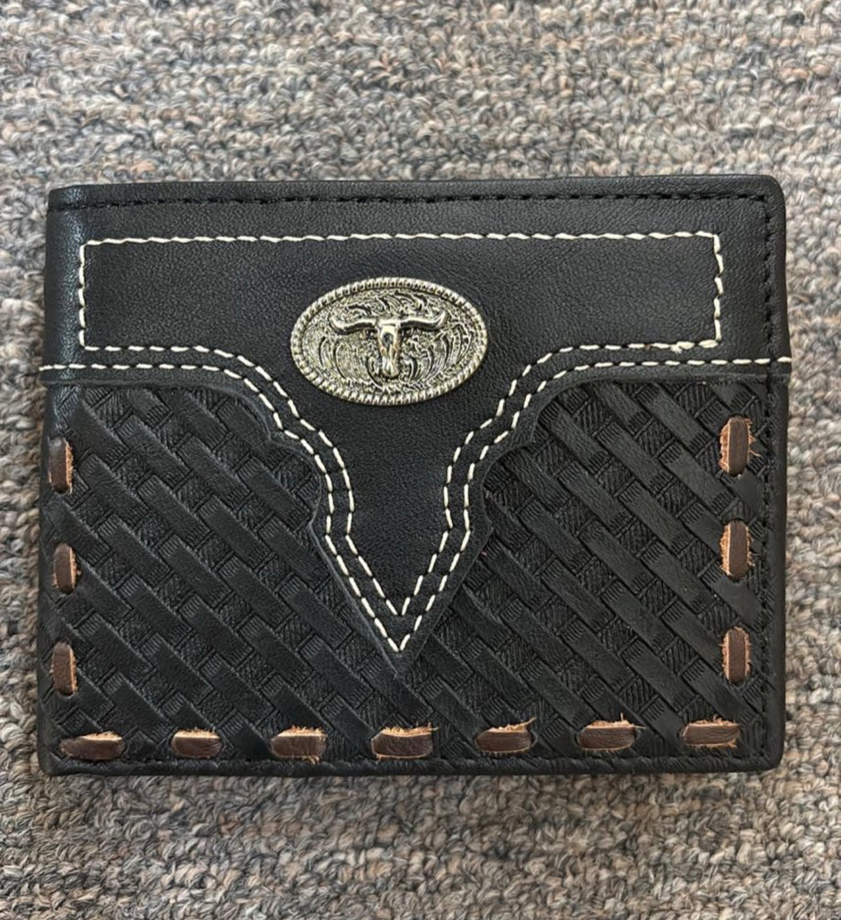 5" MEN'S LONGHORNS BLACK WALLET GENUINE LEATHER BIFOLD WESTERN STYLE WALLET NEW