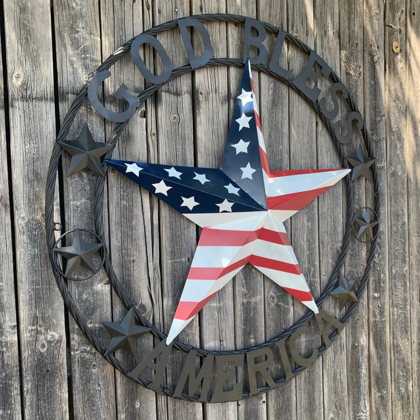 GOD BLESS AMERICA USA FLAG 3d STAR METAL BARN STAR BLACK TWISTED ROPE RING WALL ART WESTERN HOME DECOR RED WHITE & BLUE HANDMADE NEW #EH10490