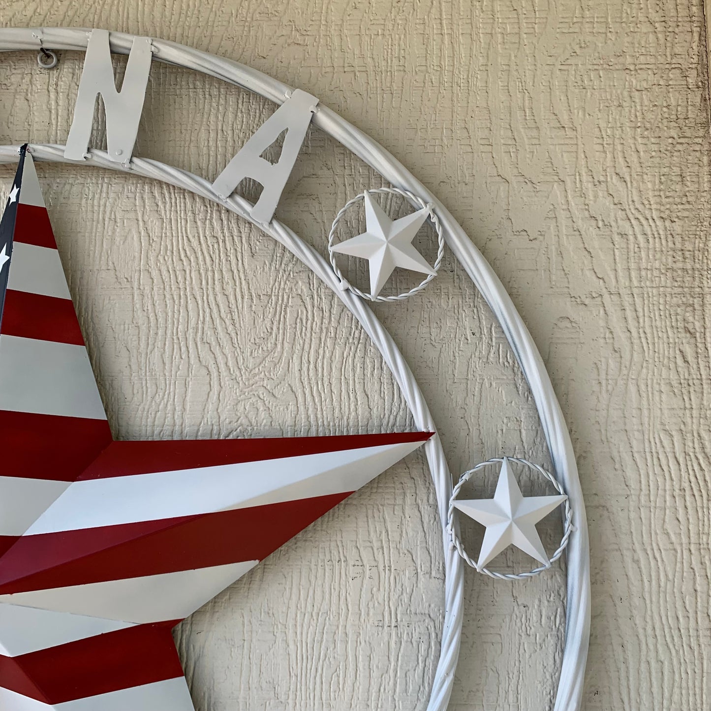 LUNA STYLE CUSTOM NAME BARN STAR METAL STAR 3d TWISTED ROPE RING WESTERN HOME DECOR USA FLAG STAR RED WHOTE & BLUE WITH WHITE RING HANDMADE 24",32",36",50"