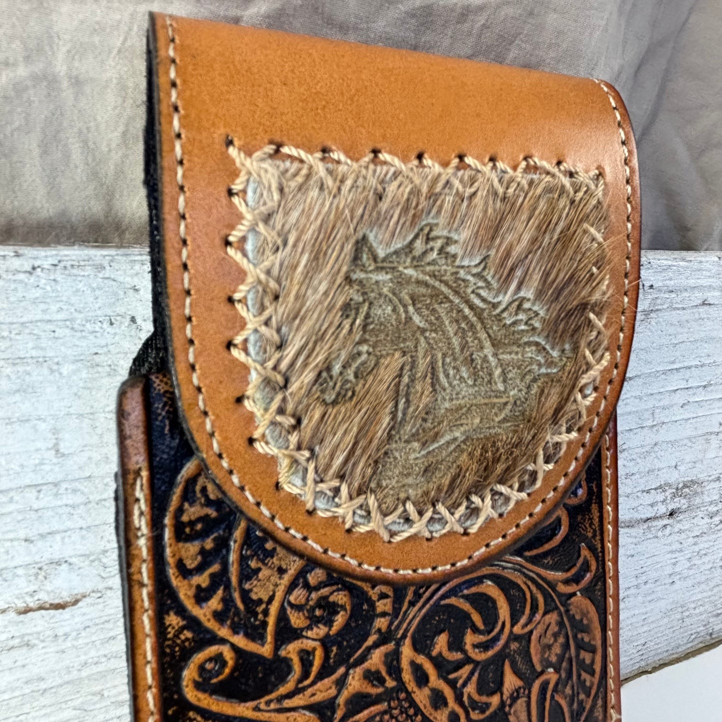 7" HORSE LEATHER HOLSTER TAN POUCH EXTRA LARGE  BELT LOOP CELL PHONE CASE UNIVERSAL OVERSIZE #EH13323