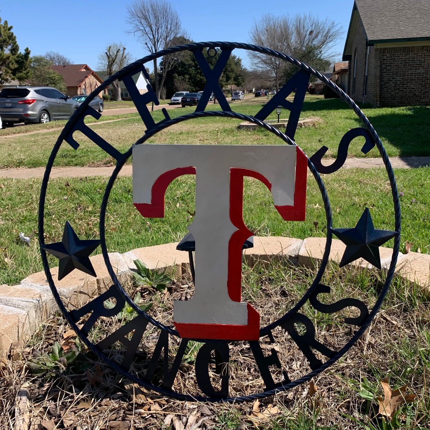 12", 18", 24", 32" TEXAS RANGERS BARN CUSTOM METAL VINTAGE CRAFT SIGN TEAM  WHITE & RED & NAVY BLUE RING & STAR HANDMADE
