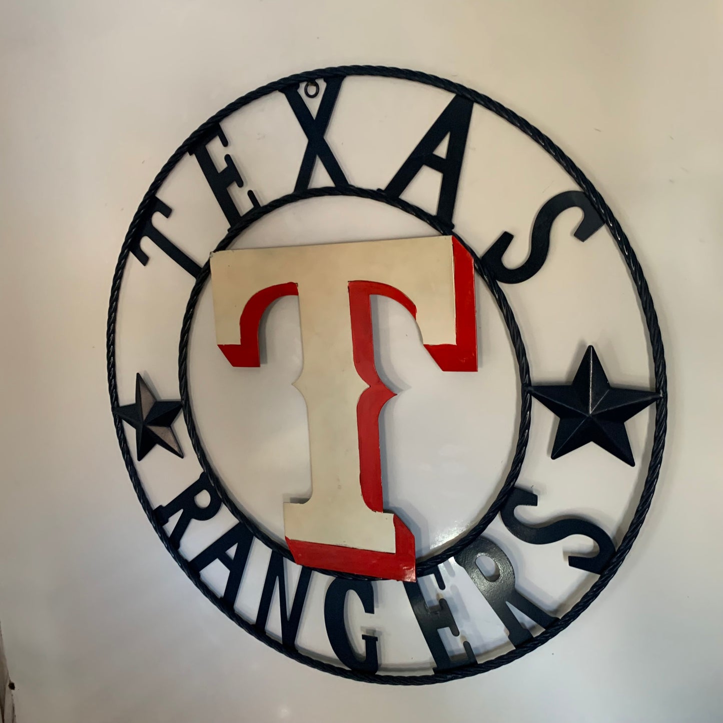 12", 18", 24", 32" TEXAS RANGERS BARN CUSTOM METAL VINTAGE CRAFT SIGN TEAM  WHITE & RED & NAVY BLUE RING & STAR HANDMADE