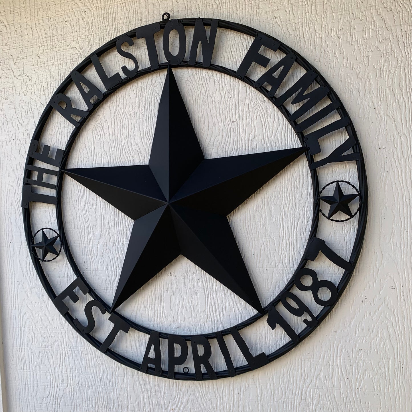 RALSTON FAMILY STYLE CUSTOM NAME STAR BARN METAL STAR 3d TWISTED ROPE RING WESTERN HOME DECOR RUSTIC BLACK HANDMADE 24",32",36",50"