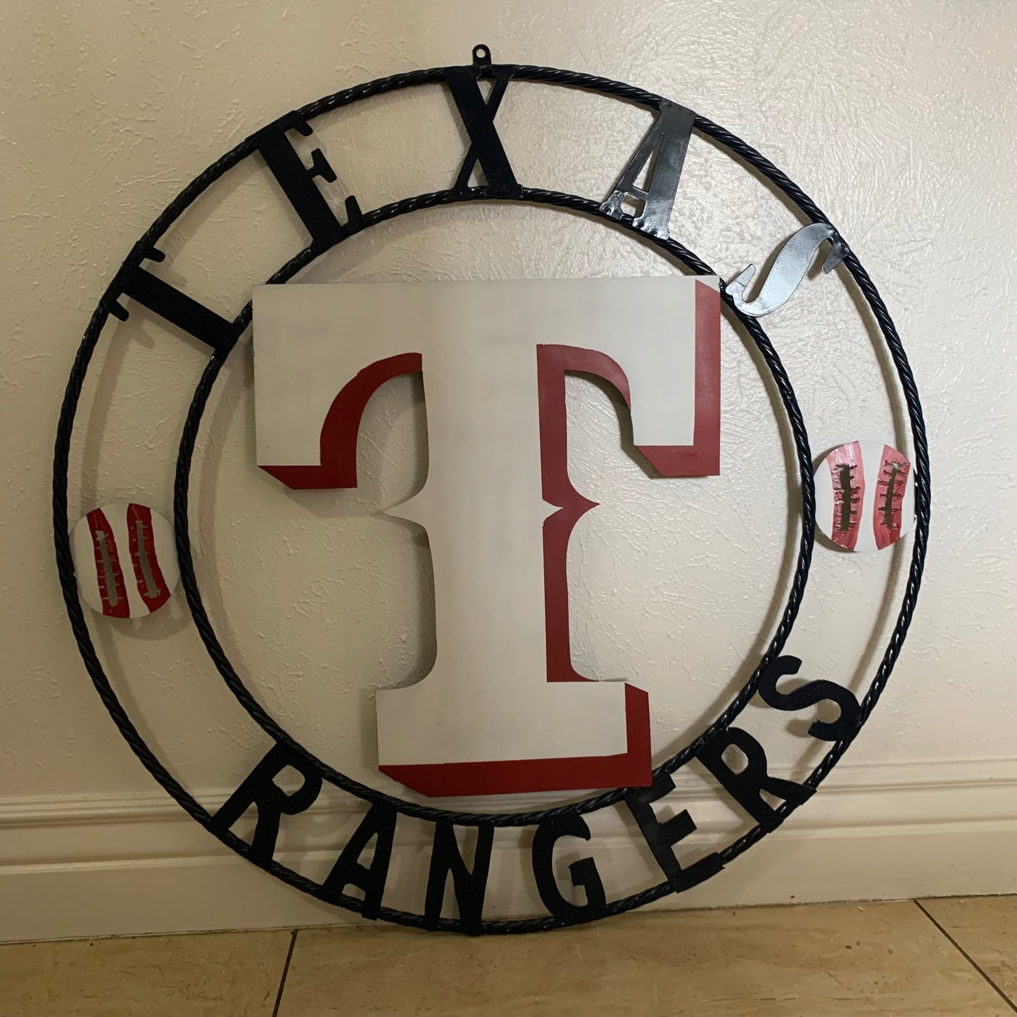 TEXAS RANGERS CUSTOM METAL VINTAGE CRAFT TEAM SIGN WHITE & RED & NAVY BLUE RING HANDMADE