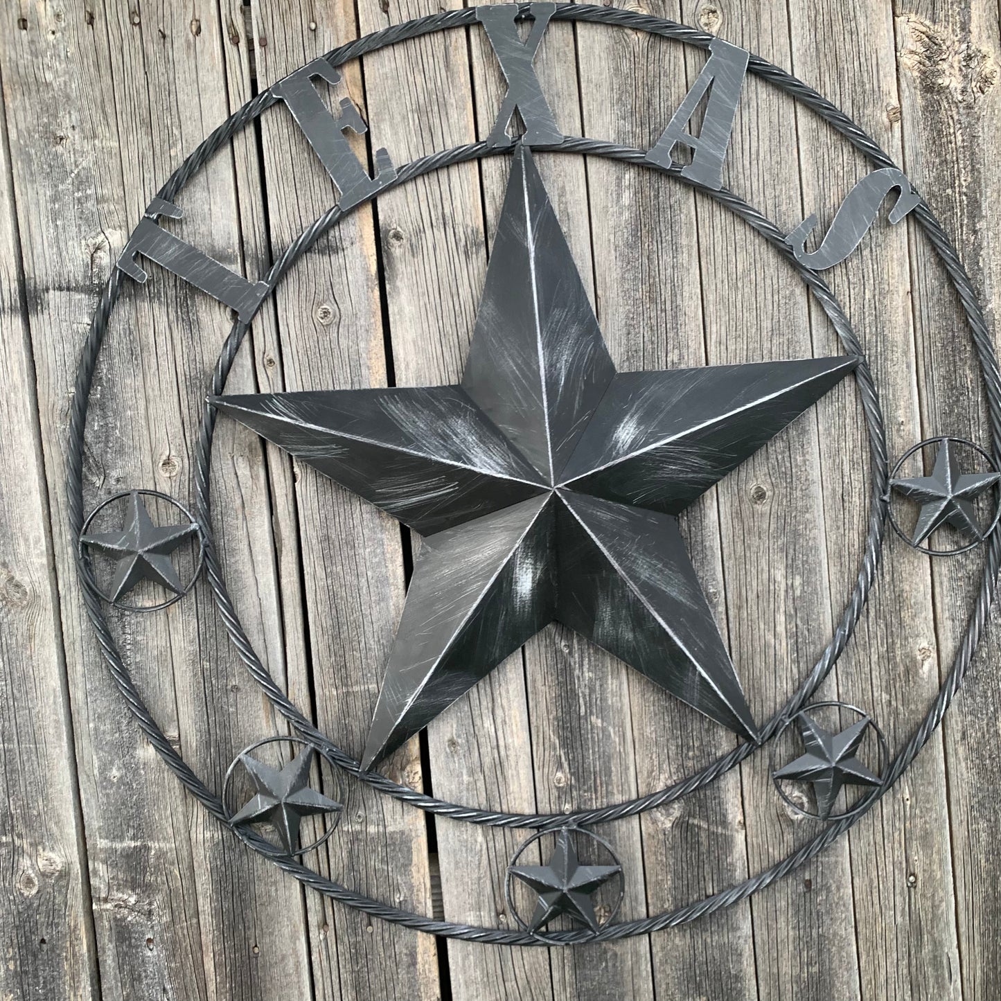 TEXAS BLACK DISTRESSED STAR TWO TONE TEXTURE BARN STAR METAL LONESTAR TWISTED ROPE RING WESTERN HOME DECOR HANDMADE NEW