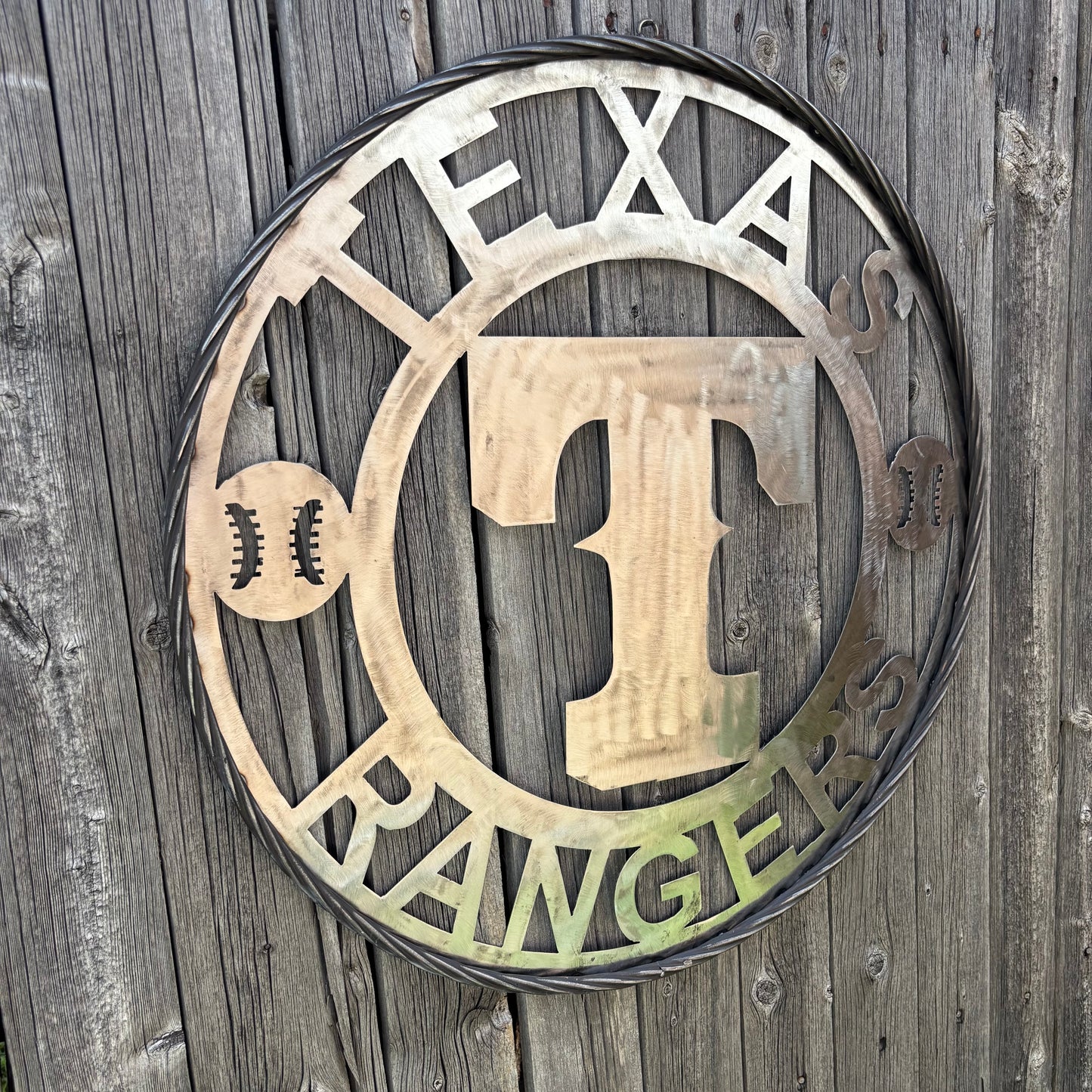 TEXAS RANGERS CUSTOM RAW METAL VINTAGE CRAFT TEAM SIGN TWISTED ROPE RING HANDMADE