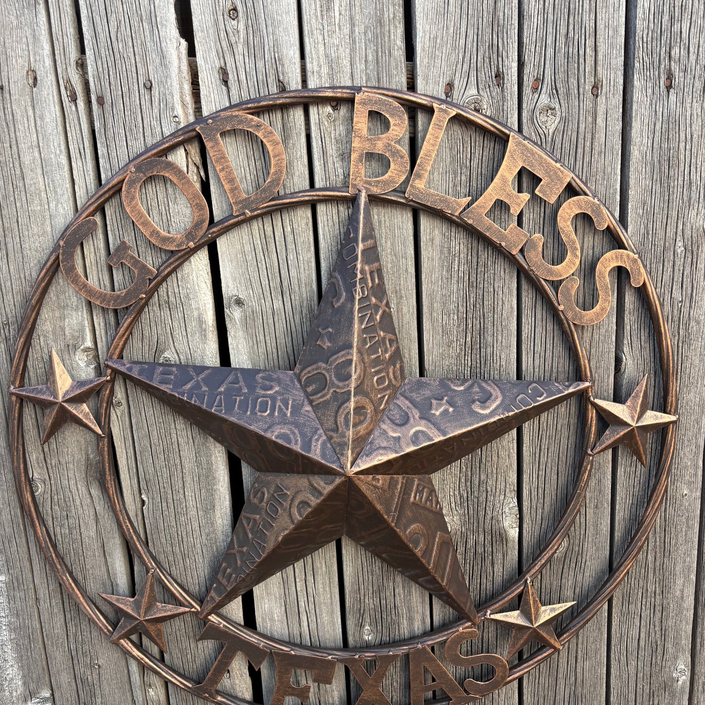 GOD BLESS TEXAS LICENSE PLATE EMBOSSED STAR BARN STAR METAL LONE STAR WESTERN HOME DECOR HANDMADE