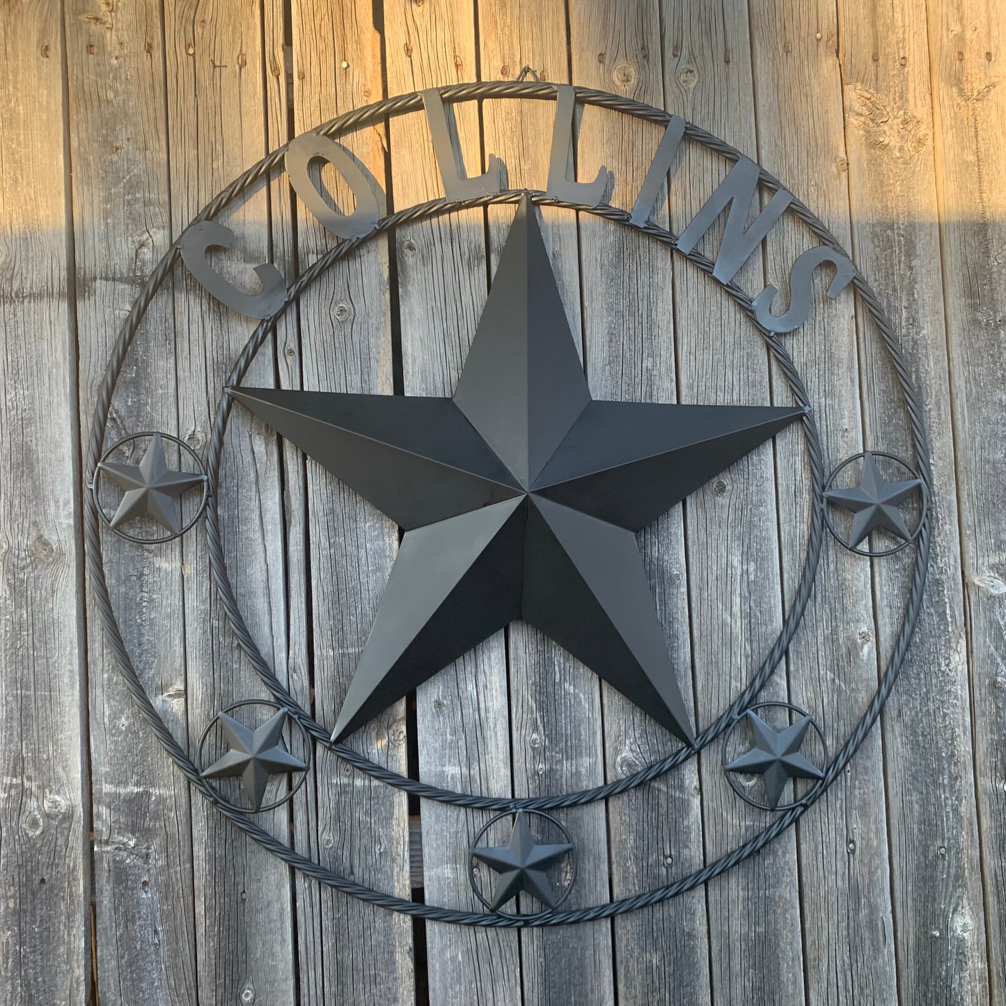 COLLINS STYLE CUSTOM STAR NAME BARN METAL STAR 3d TWISTED ROPE RING WESTERN HOME DECOR RUSTIC BLACK HANDMADE 24",32",36",50"