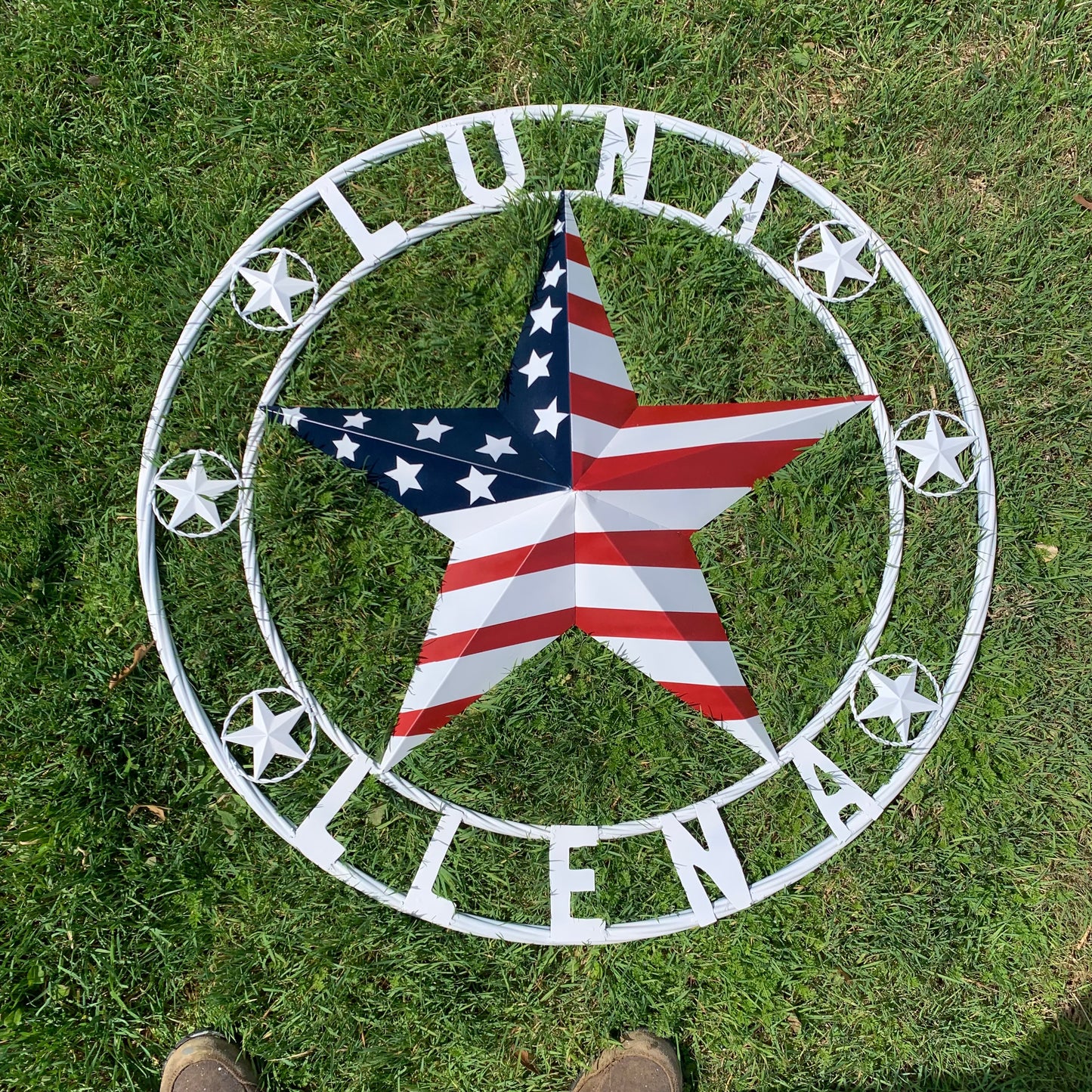 LUNA STYLE CUSTOM NAME BARN STAR METAL STAR 3d TWISTED ROPE RING WESTERN HOME DECOR USA FLAG STAR RED WHOTE & BLUE WITH WHITE RING HANDMADE 24",32",36",50"