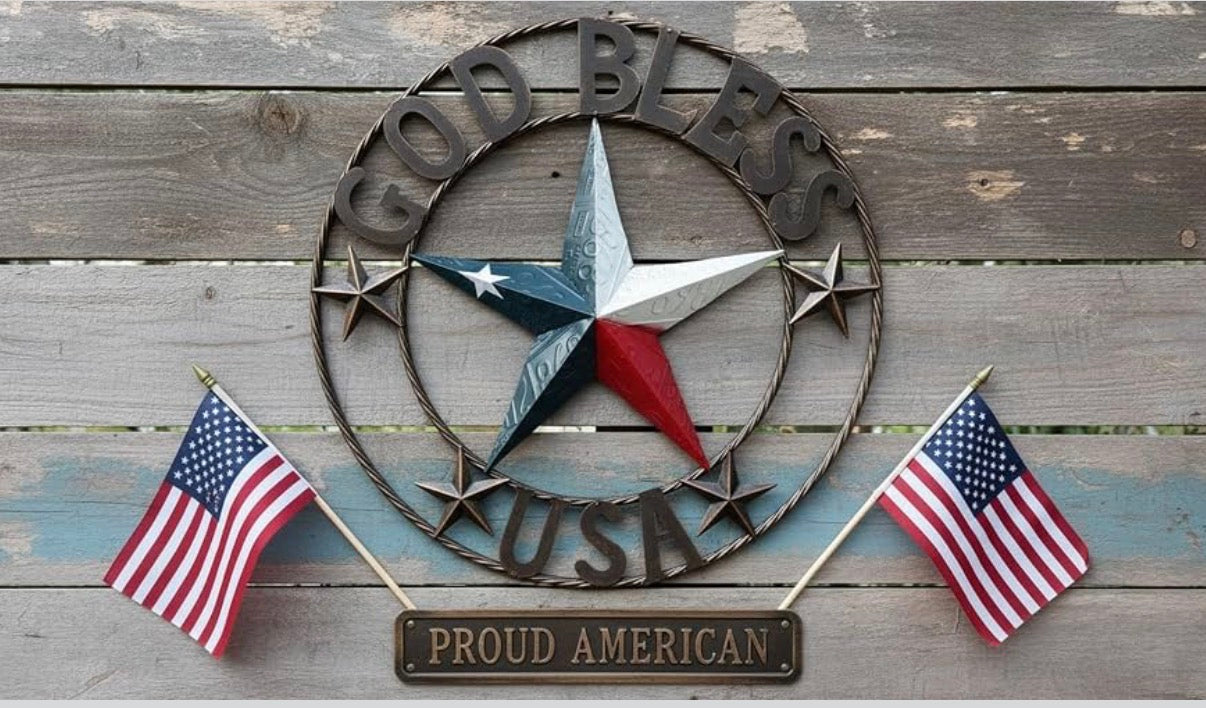 GOD BLESS USA LICENSE PLATE 3d STAR RED WHITE BLUE  WITH BRONZE RING METAL BARN STAR TWISTED ROPE RING WALL ART WESTERN HOME DECOR HANDMADE #EH