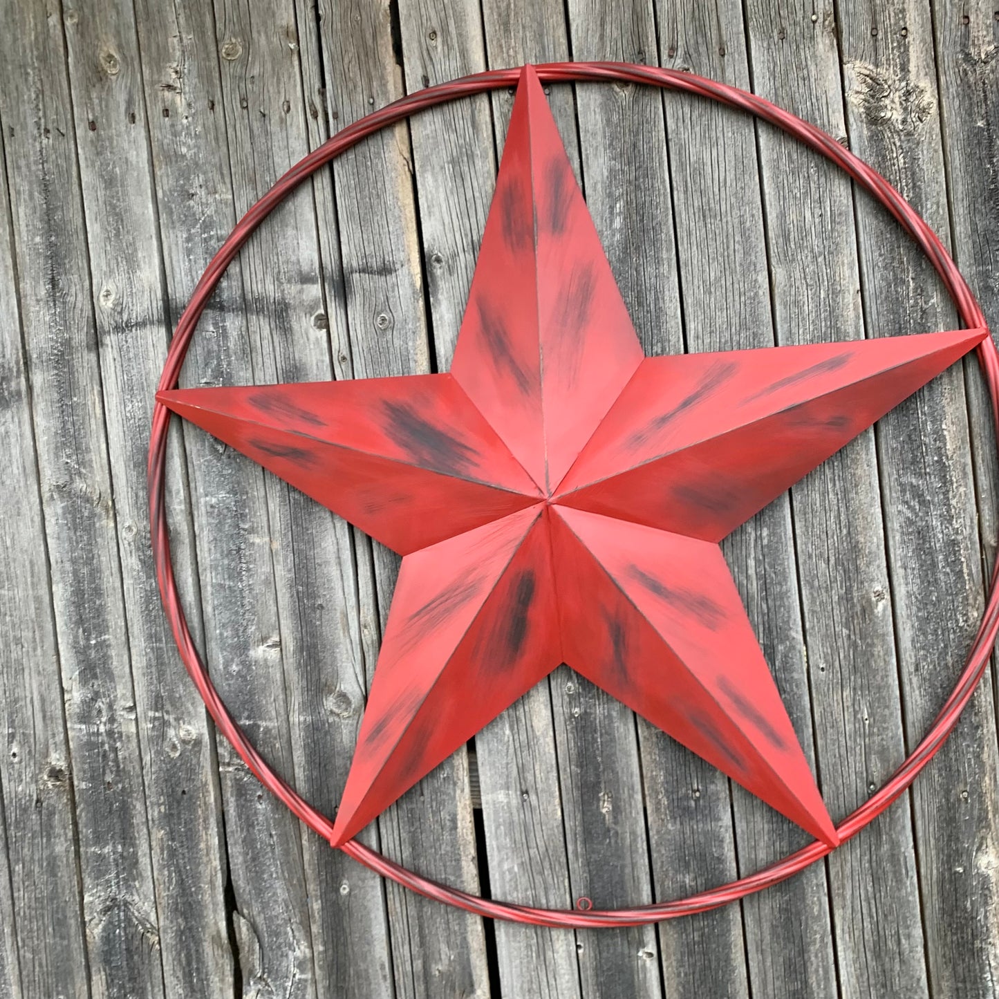 RED DISTRESSED STAR TWO TONE TEXTURE BARN STAR METAL LONESTAR TWISTED ROPE RING WESTERN HOME DECOR HANDMADE NEW #EH12958