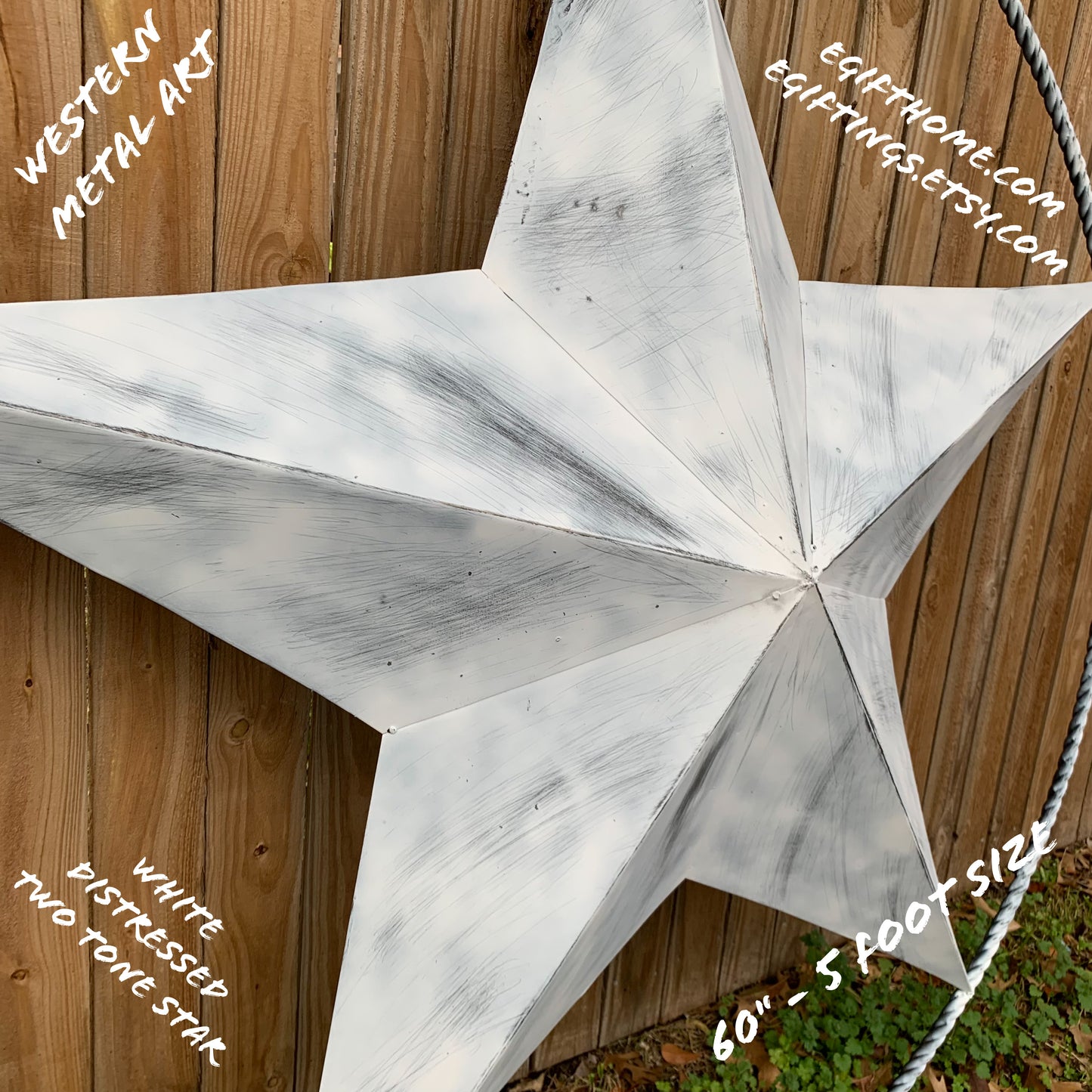 5 FOOT WHITE DISTRESSED STAR TWO TONE TEXTURE BARN STAR METAL LONESTAR TWISTED ROPE RING WESTERN HOME DECOR HANDMADE NEW