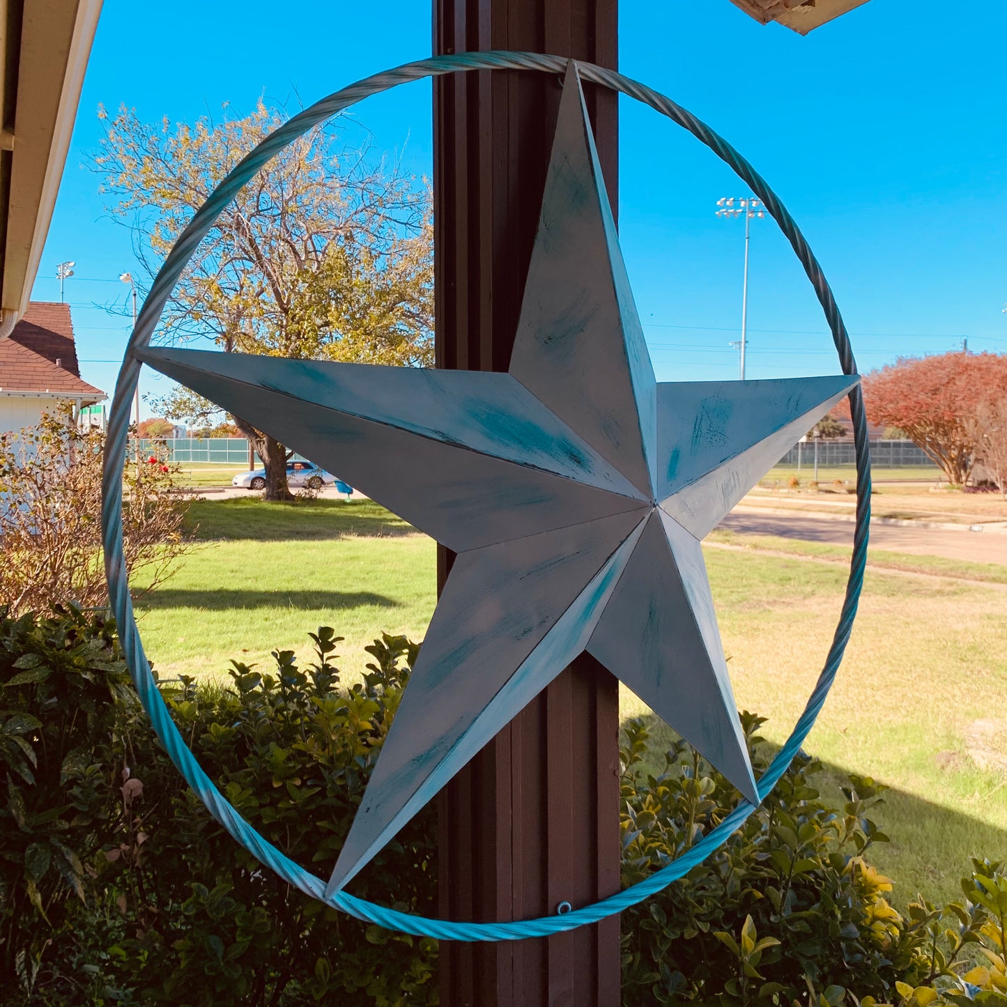 #EH11219 TURQUOISE WHITE DISTRESSED STAR TWO TONE TEXTURE BARN STAR METAL LONESTAR TWISTED ROPE RING WESTERN HOME DECOR HANDMADE NEW