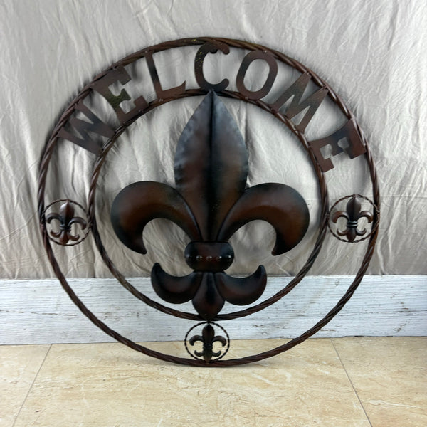 24" WELCOME FLEUR DE LIS METAL WALL ART WESTERN HOME DECOR BROWN NEW #EH11997