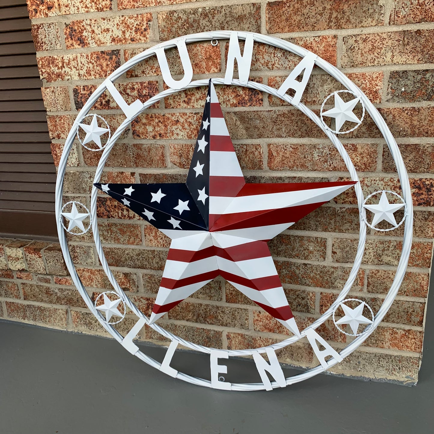LUNA STYLE CUSTOM NAME BARN STAR METAL STAR 3d TWISTED ROPE RING WESTERN HOME DECOR USA FLAG STAR RED WHOTE & BLUE WITH WHITE RING HANDMADE 24",32",36",50"