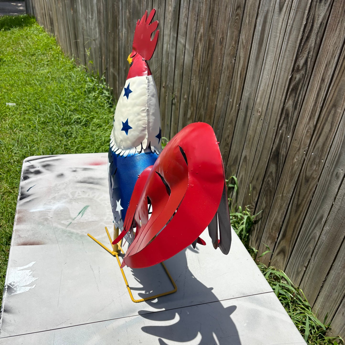 USA FLAG ROOSTER AMERICAN RED WHITE BLUE PATRIOTIC GARDEN METAL SCULPTURE WESTERN HOME DECOR ORNAMENT HANDMADE #34-003