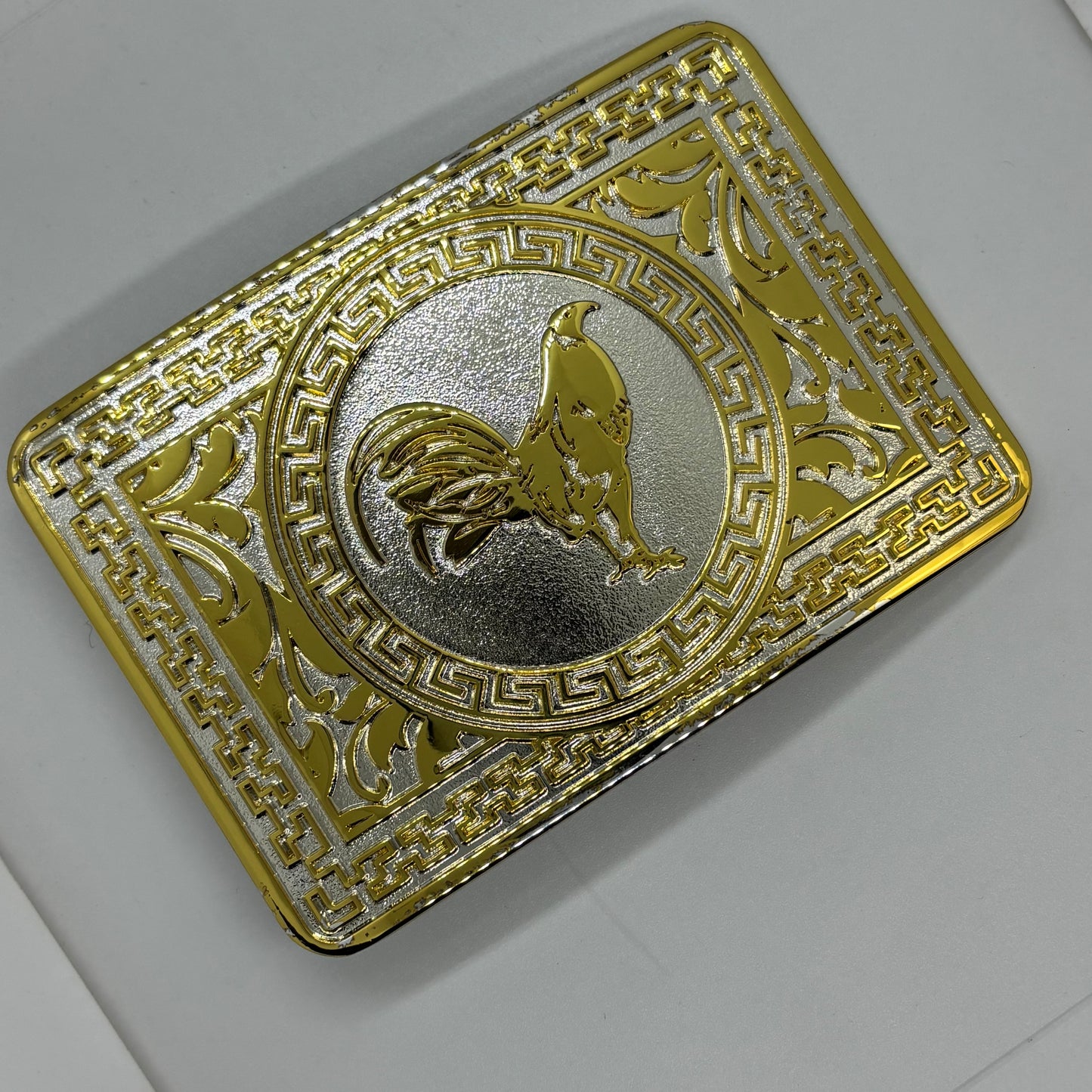 ROOSTER BELT BUCKLE GOLD WHITE WESTERN METAL BUCKLE FASHION ART 4.5" X 3.5"  #EH13237