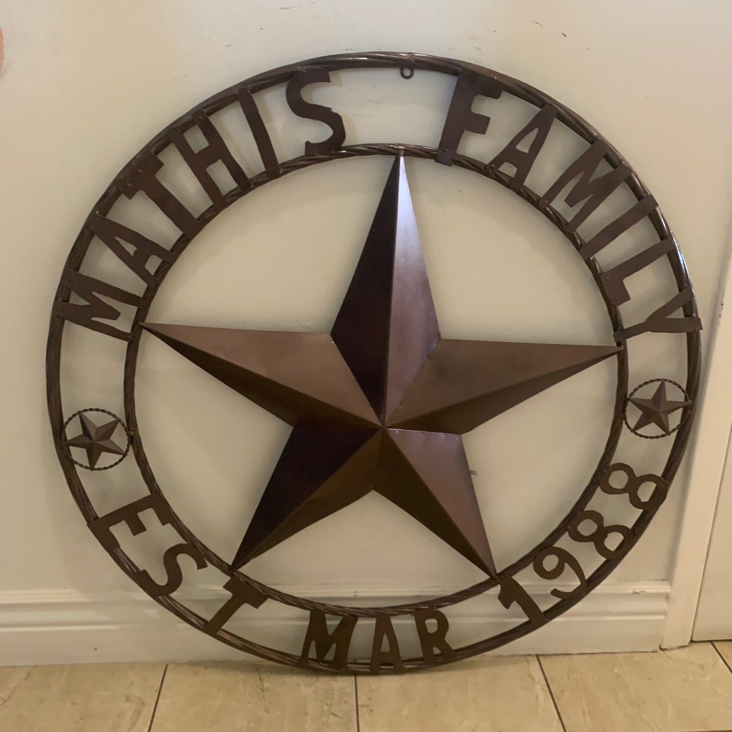 MATHIS STYLE CUSTOM NAME STAR BARN STAR 3d METAL LONESTAR TWISTED ROPE RING WESTERN HOME DECOR RUSTIC BRONZE COPPER HANDMADE 24",32",36",50"