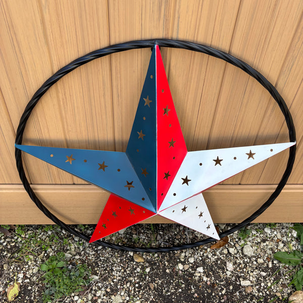 24" RED WHITE BLUE STAR USA FLAG STAR WITH SMALL STAR CUTOUT WESTERN HOME DECOR HANDMADE# EH12312