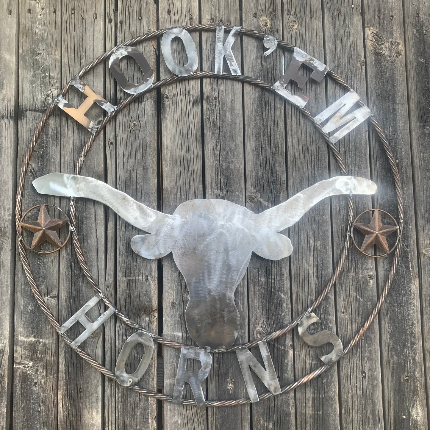 HOOKEM HORNS & LONE STAR TEXAS LONGHORNS HOOK EM RAW METAL UNPAINTED CUSTOM VINTAGE CRAFT WALL ART TEAM SIGN HANDMADE