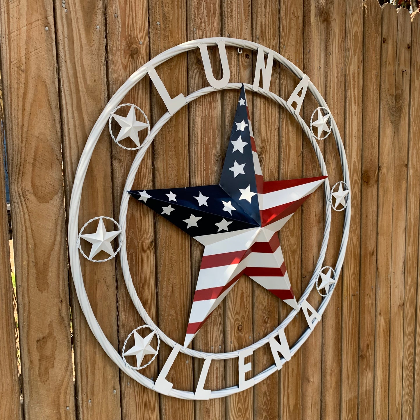LUNA STYLE CUSTOM NAME BARN STAR METAL STAR 3d TWISTED ROPE RING WESTERN HOME DECOR USA FLAG STAR RED WHOTE & BLUE WITH WHITE RING HANDMADE 24",32",36",50"