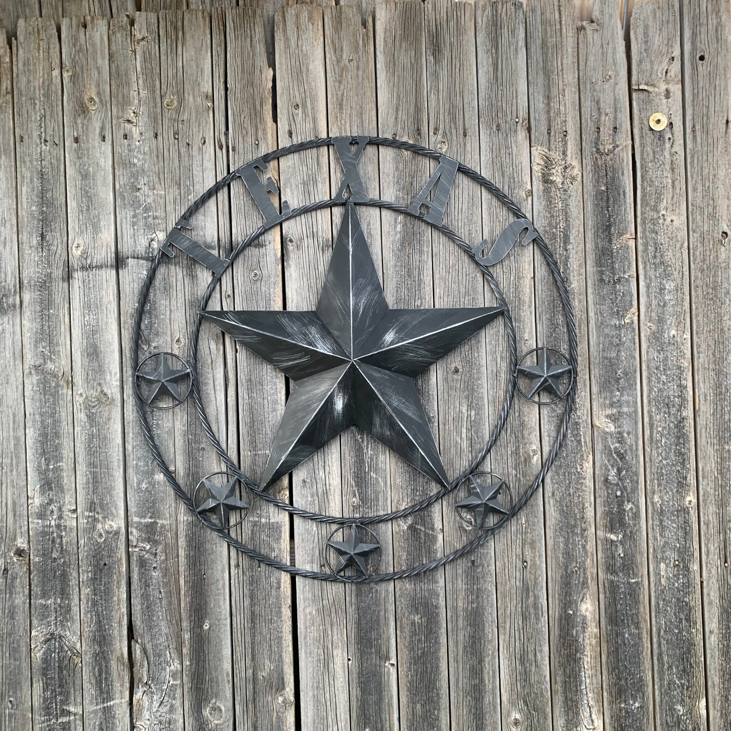 TEXAS BLACK DISTRESSED STAR TWO TONE TEXTURE BARN STAR METAL LONESTAR TWISTED ROPE RING WESTERN HOME DECOR HANDMADE NEW