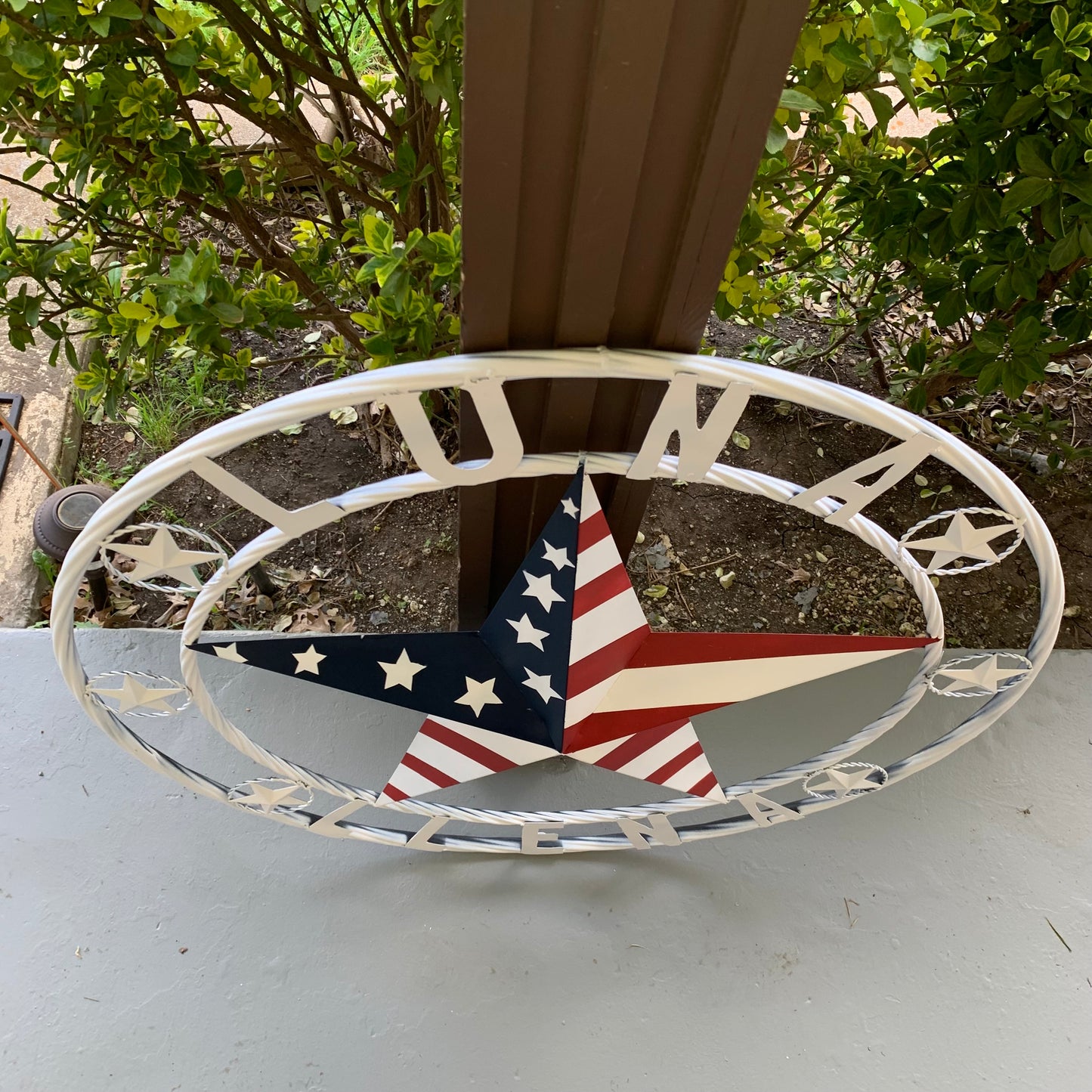 LUNA STYLE CUSTOM NAME BARN STAR METAL STAR 3d TWISTED ROPE RING WESTERN HOME DECOR USA FLAG STAR RED WHOTE & BLUE WITH WHITE RING HANDMADE 24",32",36",50"