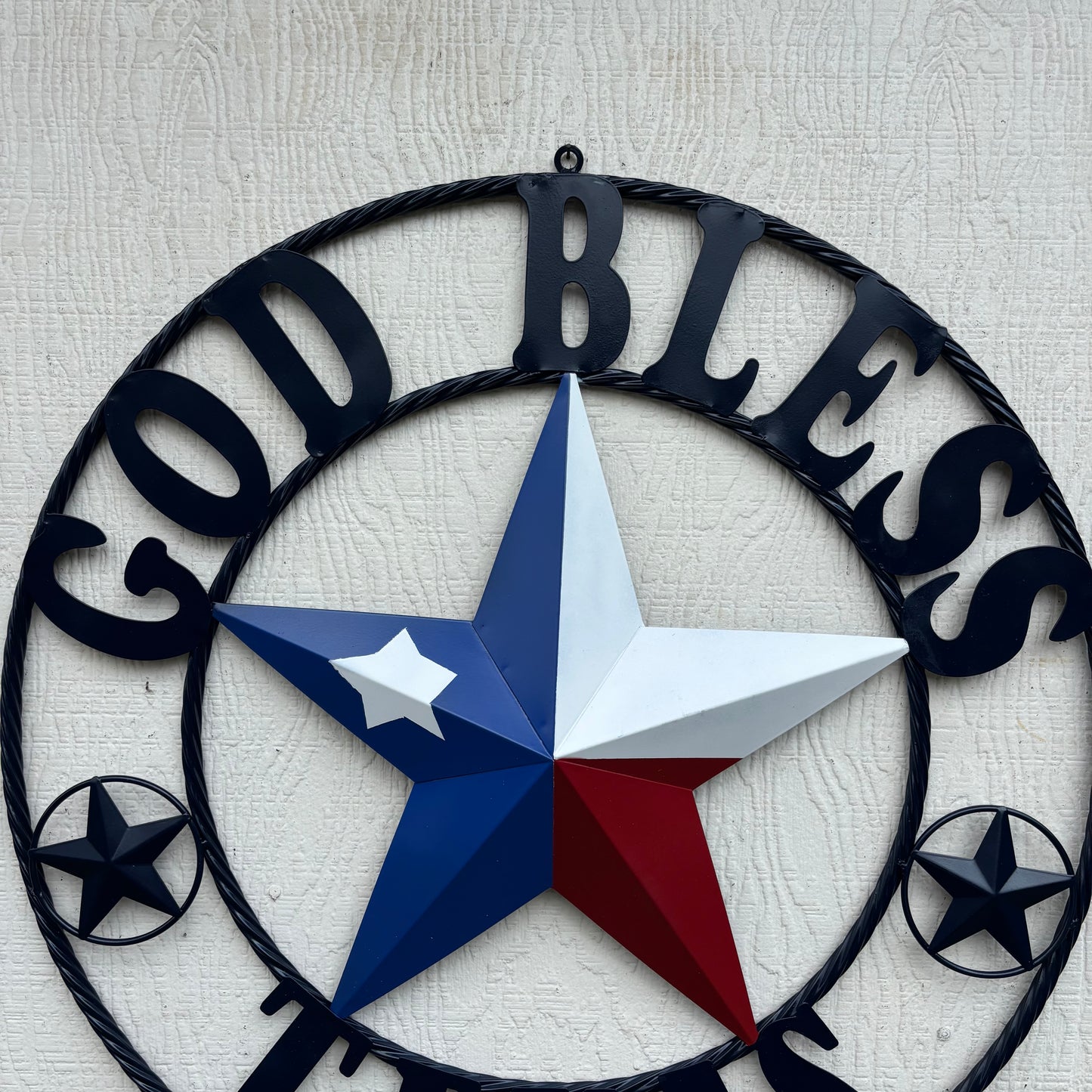 GOD BLESS TEXAS BARN STAR RED WHITE BLUE STAR WITH NAVY BLUE RING LONE STAR TWISTED ROPE RING WESTERN HOME DECOR HANDMADE