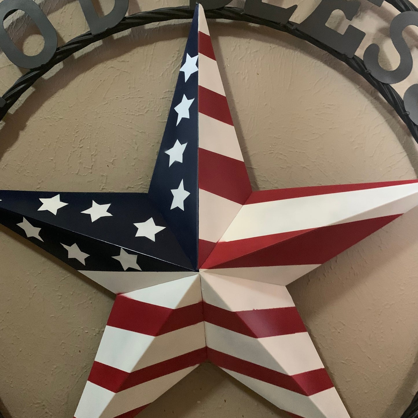 GOD BLESS AMERICA USA FLAG 3d STAR METAL BARN STAR BLACK TWISTED ROPE RING WALL ART WESTERN HOME DECOR RED WHITE & BLUE HANDMADE NEW #EH10490