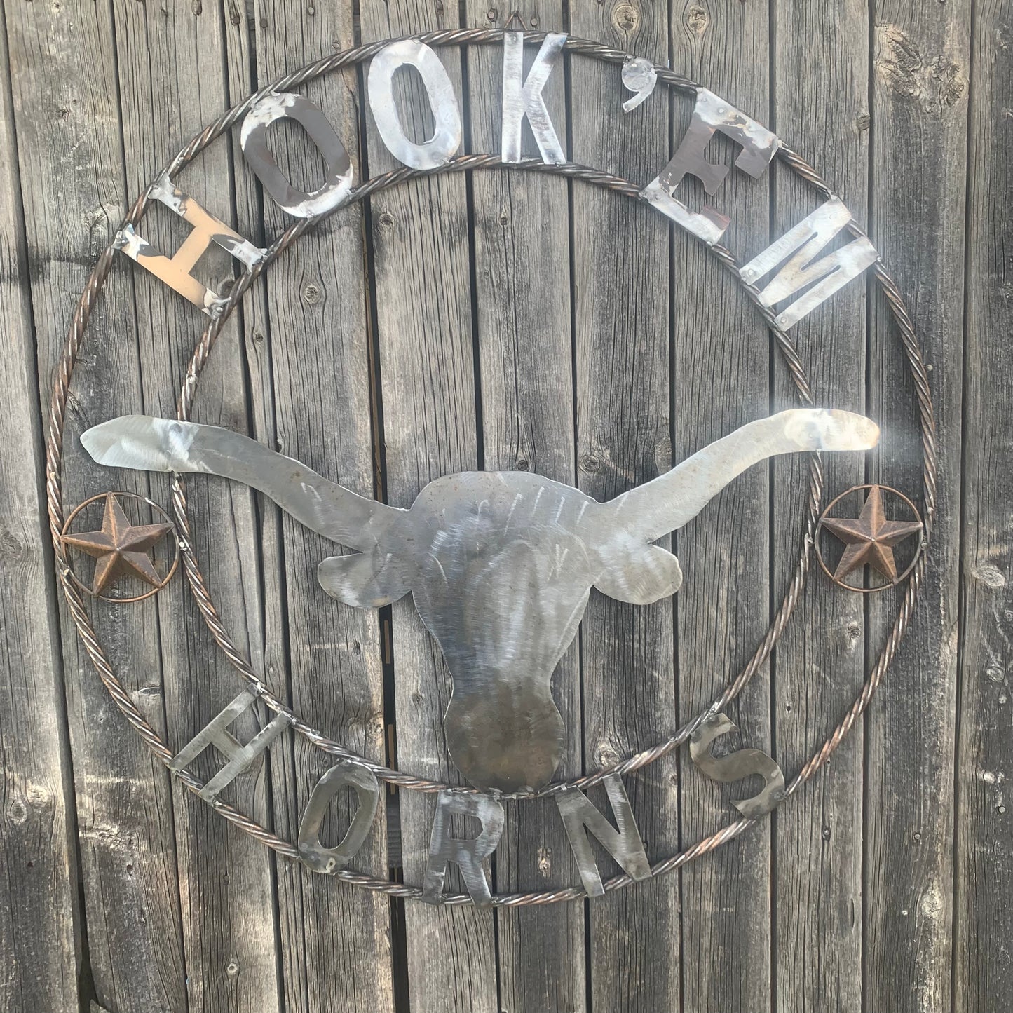 HOOKEM HORNS & LONE STAR TEXAS LONGHORNS HOOK EM RAW METAL UNPAINTED CUSTOM VINTAGE CRAFT WALL ART TEAM SIGN HANDMADE
