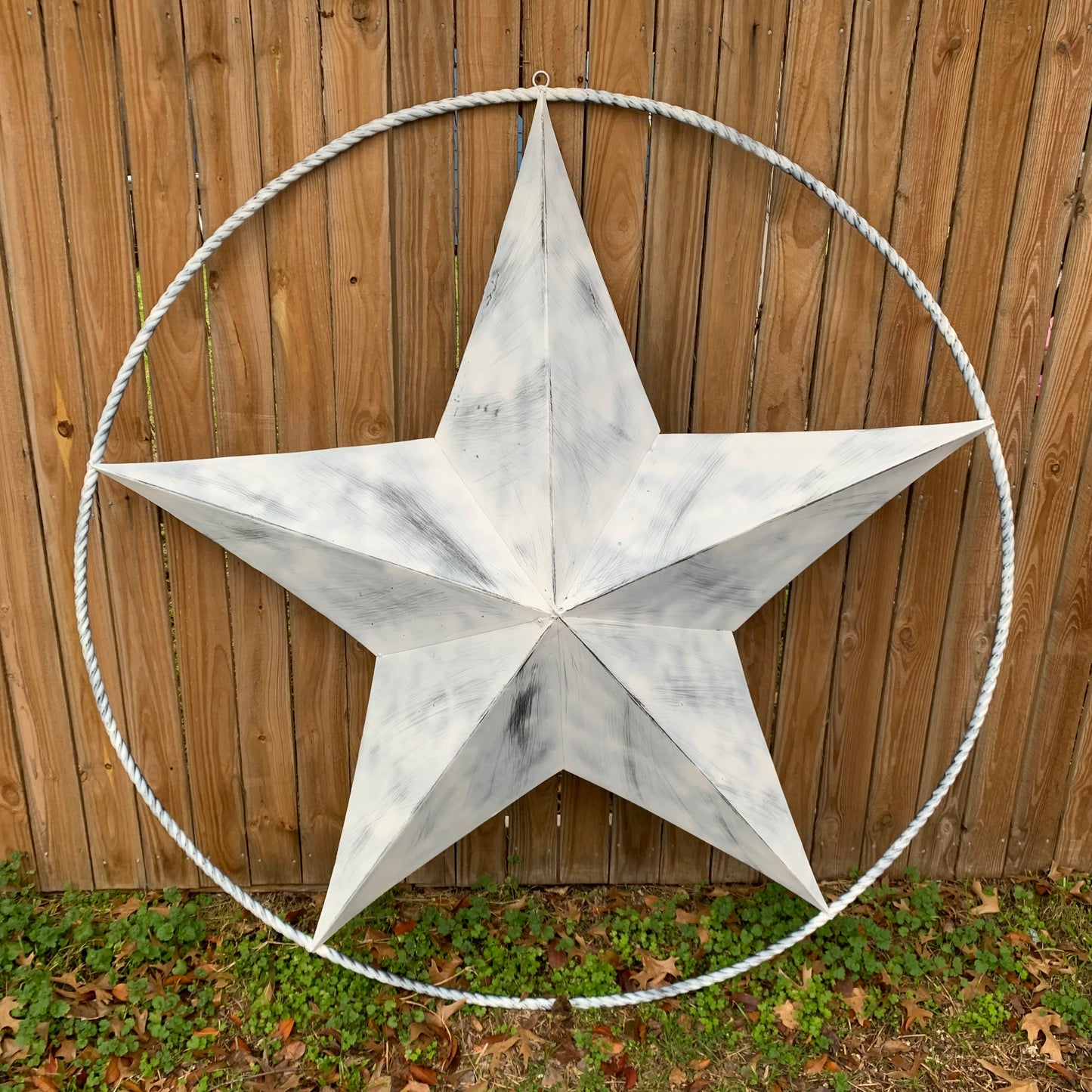 5 FOOT WHITE DISTRESSED STAR TWO TONE TEXTURE BARN STAR METAL LONESTAR TWISTED ROPE RING WESTERN HOME DECOR HANDMADE NEW
