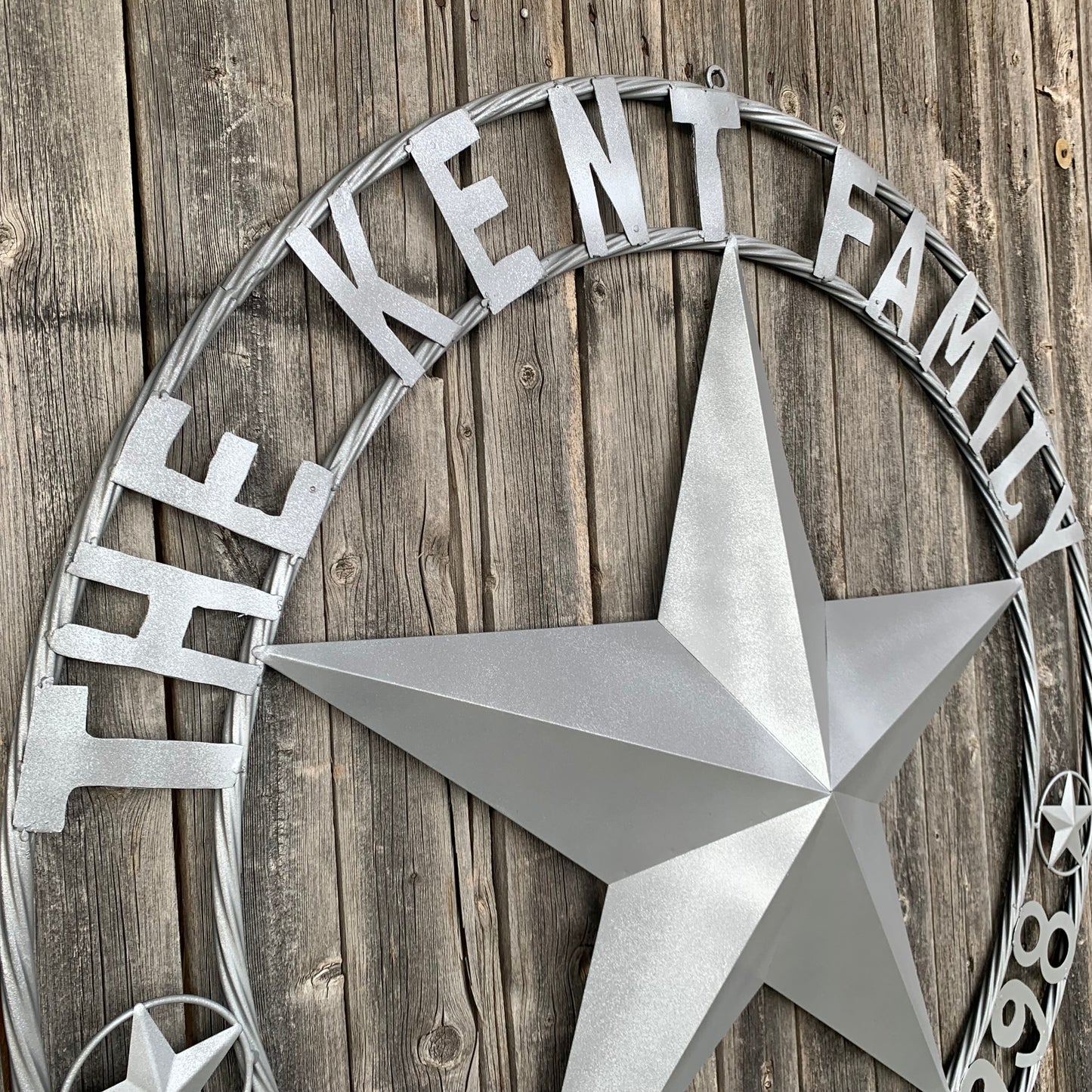 KENT STYLE CUSTOM STAR NAME BARN METAL STAR 3d TWISTED ROPE RING WESTERN HOME DECOR RUSTIC GREY SILVER HANDMADE 24",32",36",50"