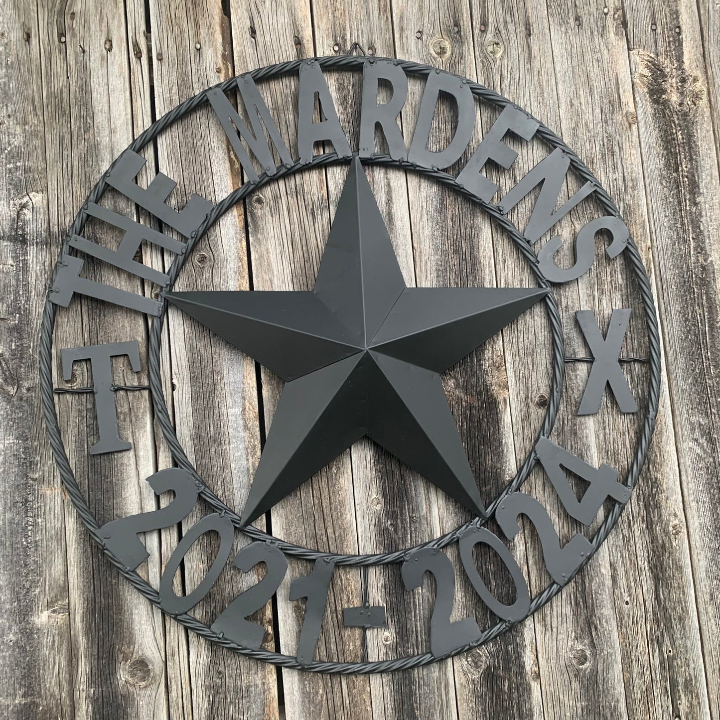 MARDENS STYLE CUSTOM NAME STAR BARN METAL STAR 3d TWISTED ROPE RING WESTERN HOME DECOR RUSTIC BLACK HANDMADE 24",32",36",50"