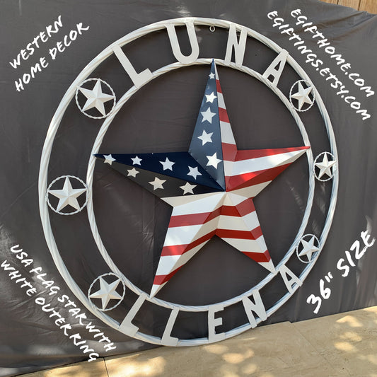 LUNA STYLE CUSTOM NAME BARN STAR METAL STAR 3d TWISTED ROPE RING WESTERN HOME DECOR USA FLAG STAR RED WHOTE & BLUE WITH WHITE RING HANDMADE 24",32",36",50"