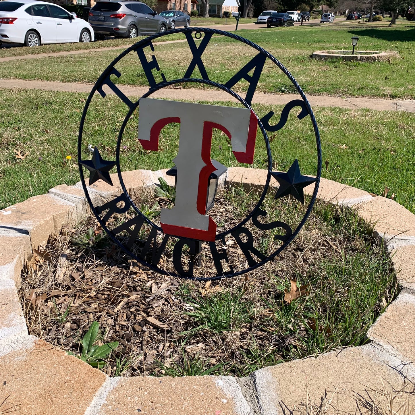 12", 18", 24", 32" TEXAS RANGERS BARN CUSTOM METAL VINTAGE CRAFT SIGN TEAM  WHITE & RED & NAVY BLUE RING & STAR HANDMADE
