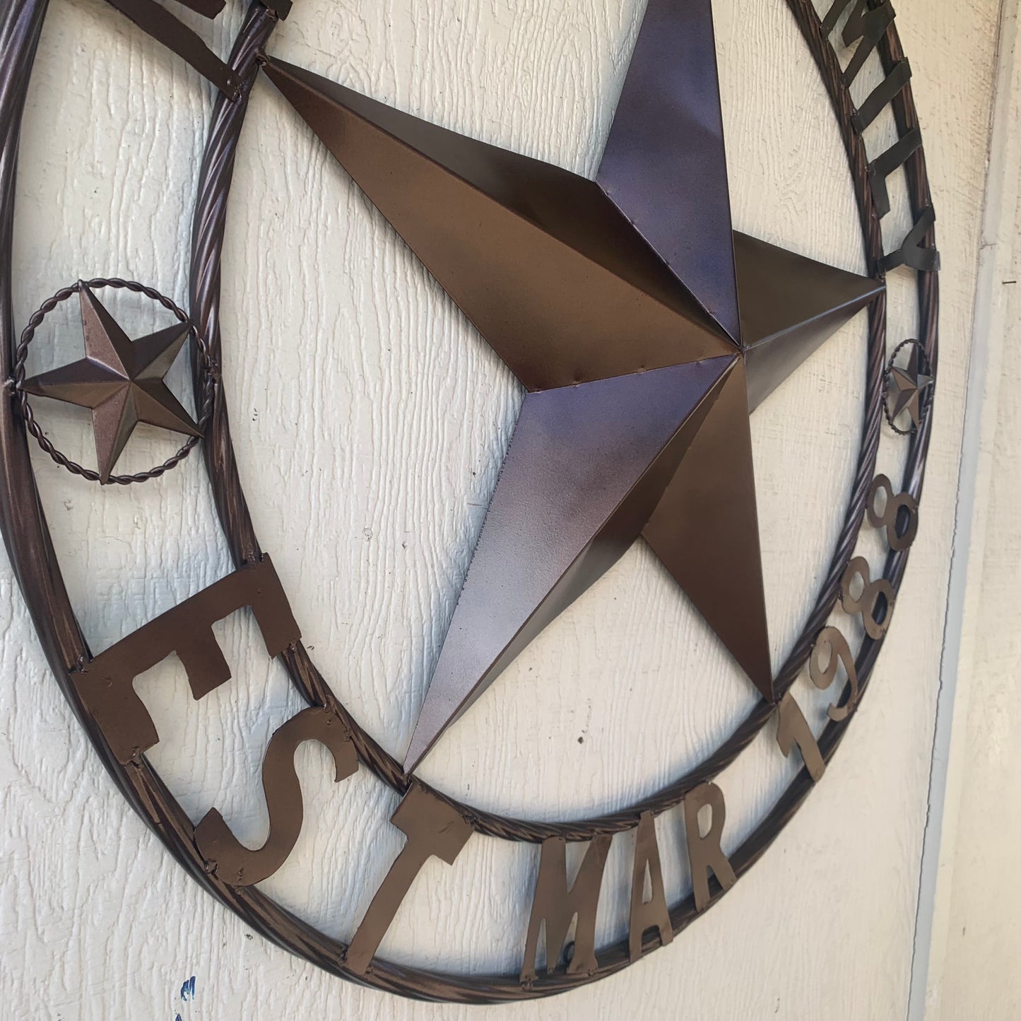 MATHIS STYLE CUSTOM NAME STAR BARN STAR 3d METAL LONESTAR TWISTED ROPE RING WESTERN HOME DECOR RUSTIC BRONZE COPPER HANDMADE 24",32",36",50"