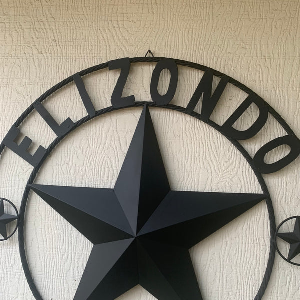 ELIZONDO STYLE CUSTOM NAME STAR BARN METAL STAR 3d TWISTED ROPE RING WESTERN HOME DECOR RUSTIC BLACK HANDMADE 24",32",36",50"