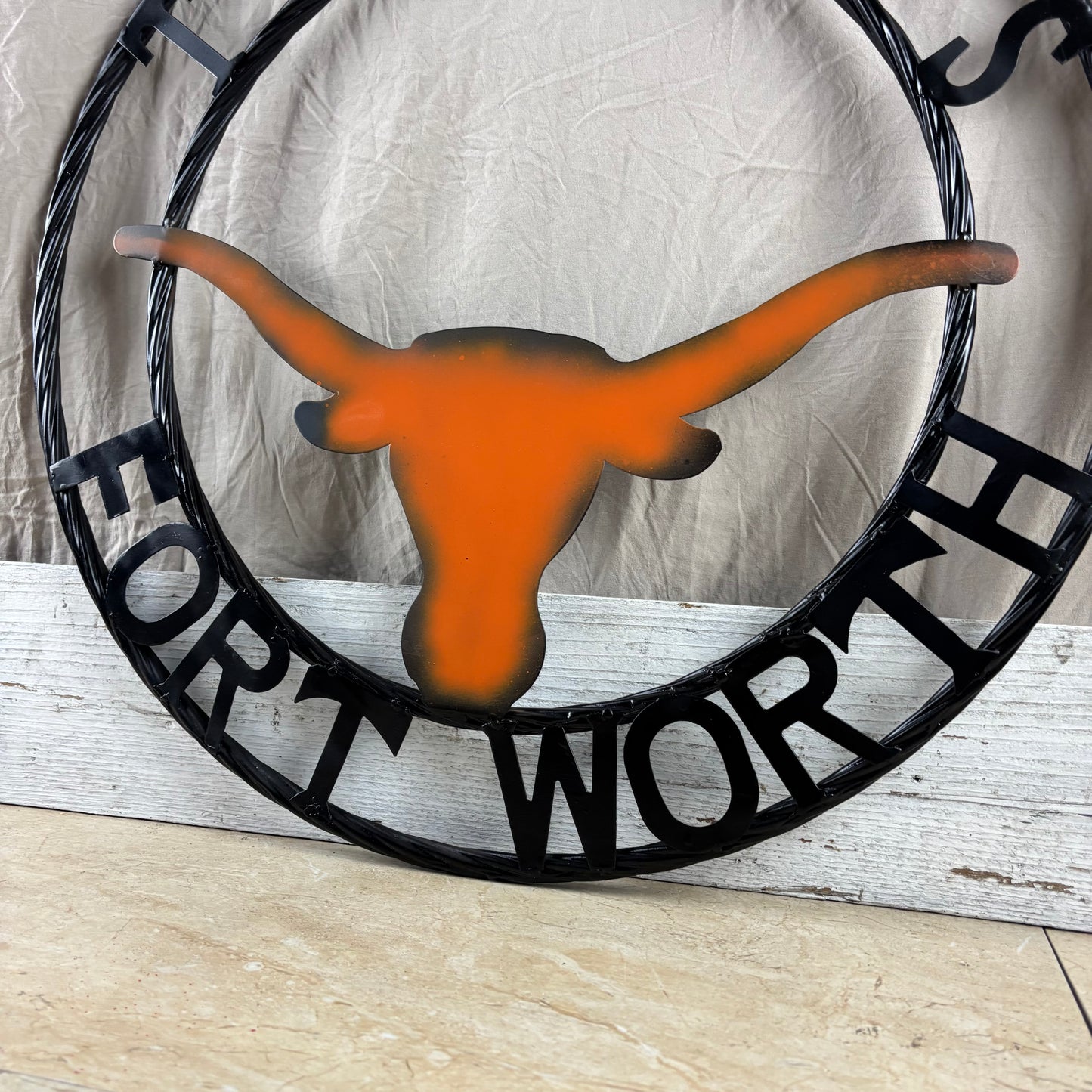 TEXAS FORT WORTH METAL SIGN LONGHORNS ORANGE WESTERN HOME DECOR HANDMADE