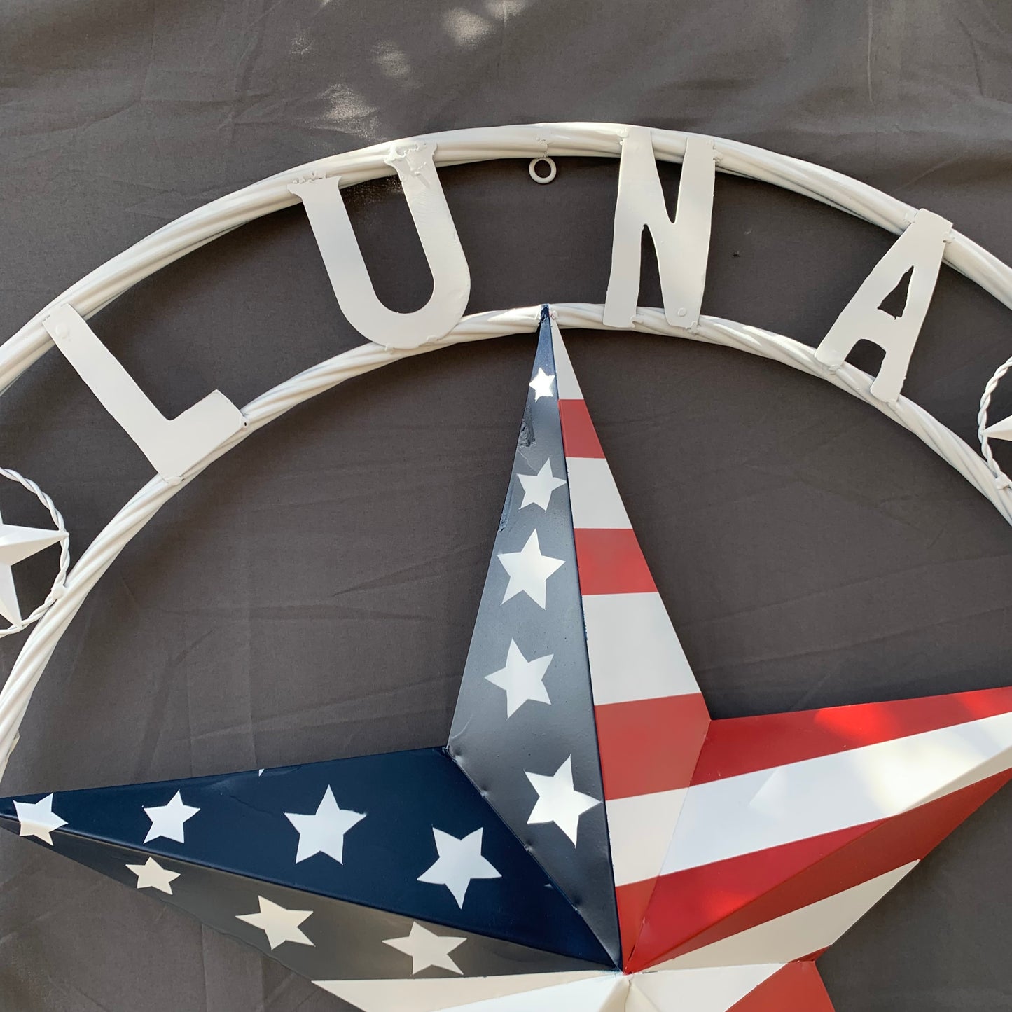 LUNA STYLE CUSTOM NAME BARN STAR METAL STAR 3d TWISTED ROPE RING WESTERN HOME DECOR USA FLAG STAR RED WHOTE & BLUE WITH WHITE RING HANDMADE 24",32",36",50"