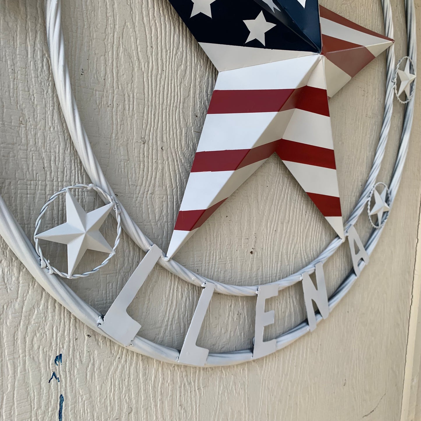 LUNA STYLE CUSTOM NAME BARN STAR METAL STAR 3d TWISTED ROPE RING WESTERN HOME DECOR USA FLAG STAR RED WHOTE & BLUE WITH WHITE RING HANDMADE 24",32",36",50"