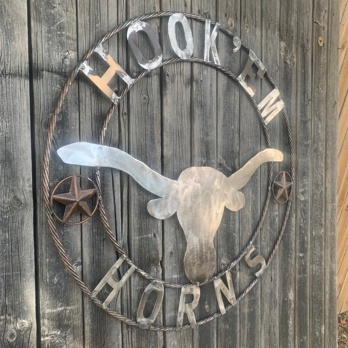 HOOKEM HORNS & LONE STAR TEXAS LONGHORNS HOOK EM RAW METAL UNPAINTED CUSTOM VINTAGE CRAFT WALL ART TEAM SIGN HANDMADE