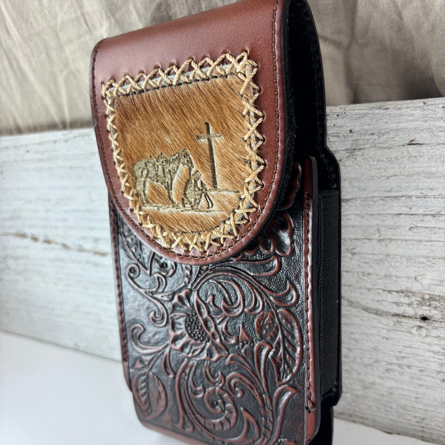 7" COWBOY PRAYER  LEATHER HOLSTER BROWN POUCH EXTRA LARGE  BELT LOOP CELL PHONE CASE UNIVERSAL OVERSIZE #EH13322