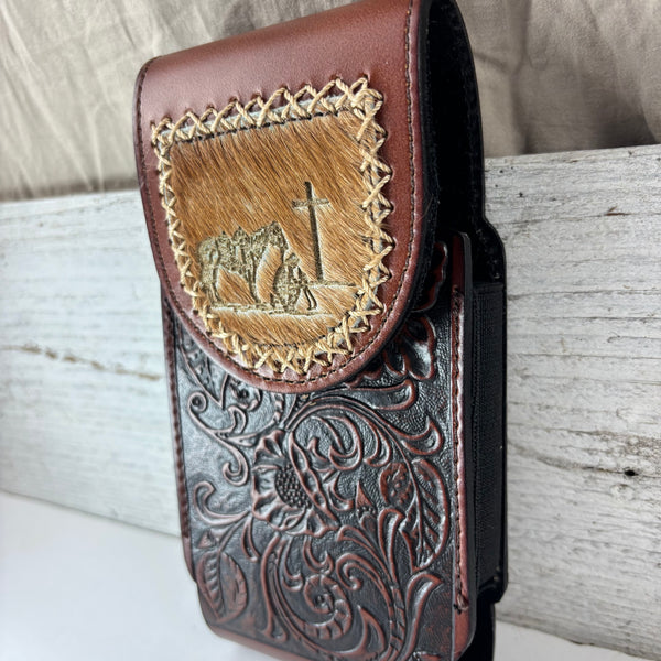 7" COWBOY PRAYER  LEATHER HOLSTER BROWN POUCH EXTRA LARGE  BELT LOOP CELL PHONE CASE UNIVERSAL OVERSIZE